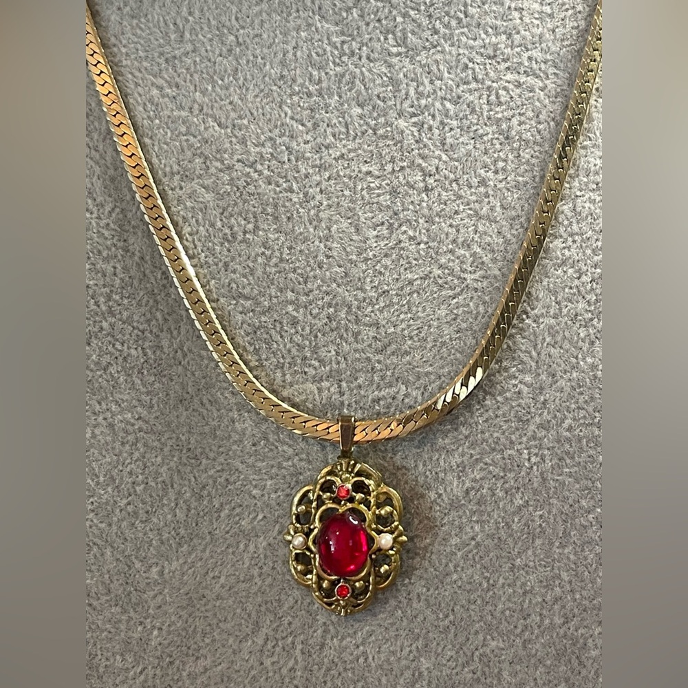 Antique red glass pendant on a vintage Korea herringbone chain